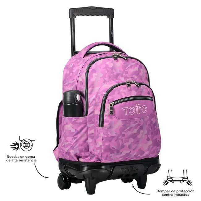 TOTTO School backpack with wheels - lines - 9i8 pink camouflage