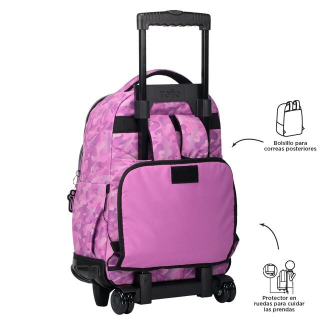 TOTTO School backpack with wheels - lines - 9i8 pink camouflage