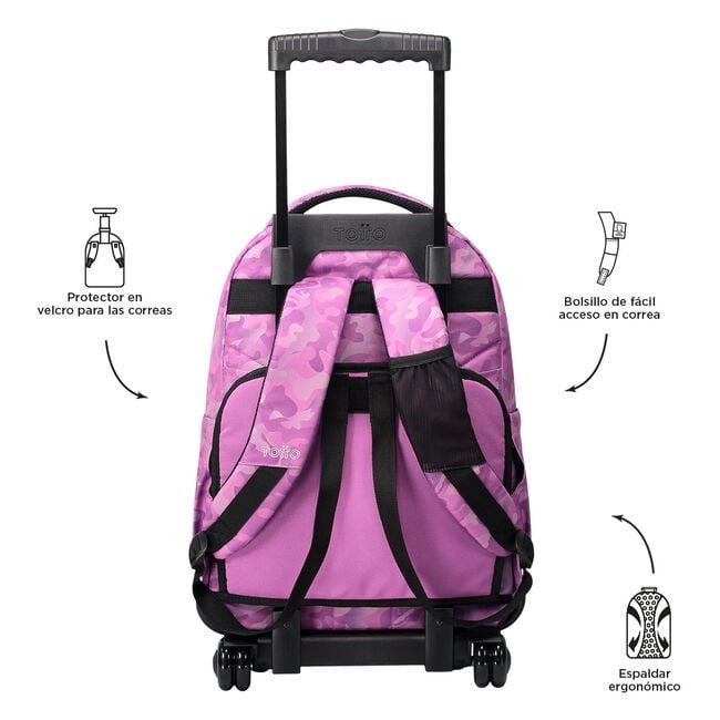 TOTTO School backpack with wheels - lines - 9i8 pink camouflage