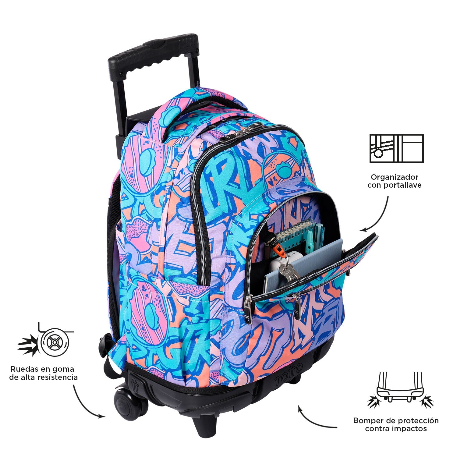 TOTTO School backpack with wheels - lines - 8IV tropical jaguar